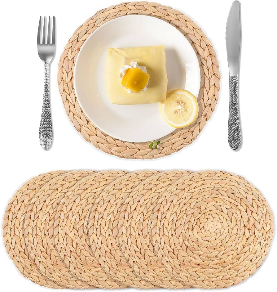 anyagolgo Placemats Set of 6, 11.8" Round Rattan Table Mats, Natural Water Hyacinth Heat Resistan... | Amazon (US)