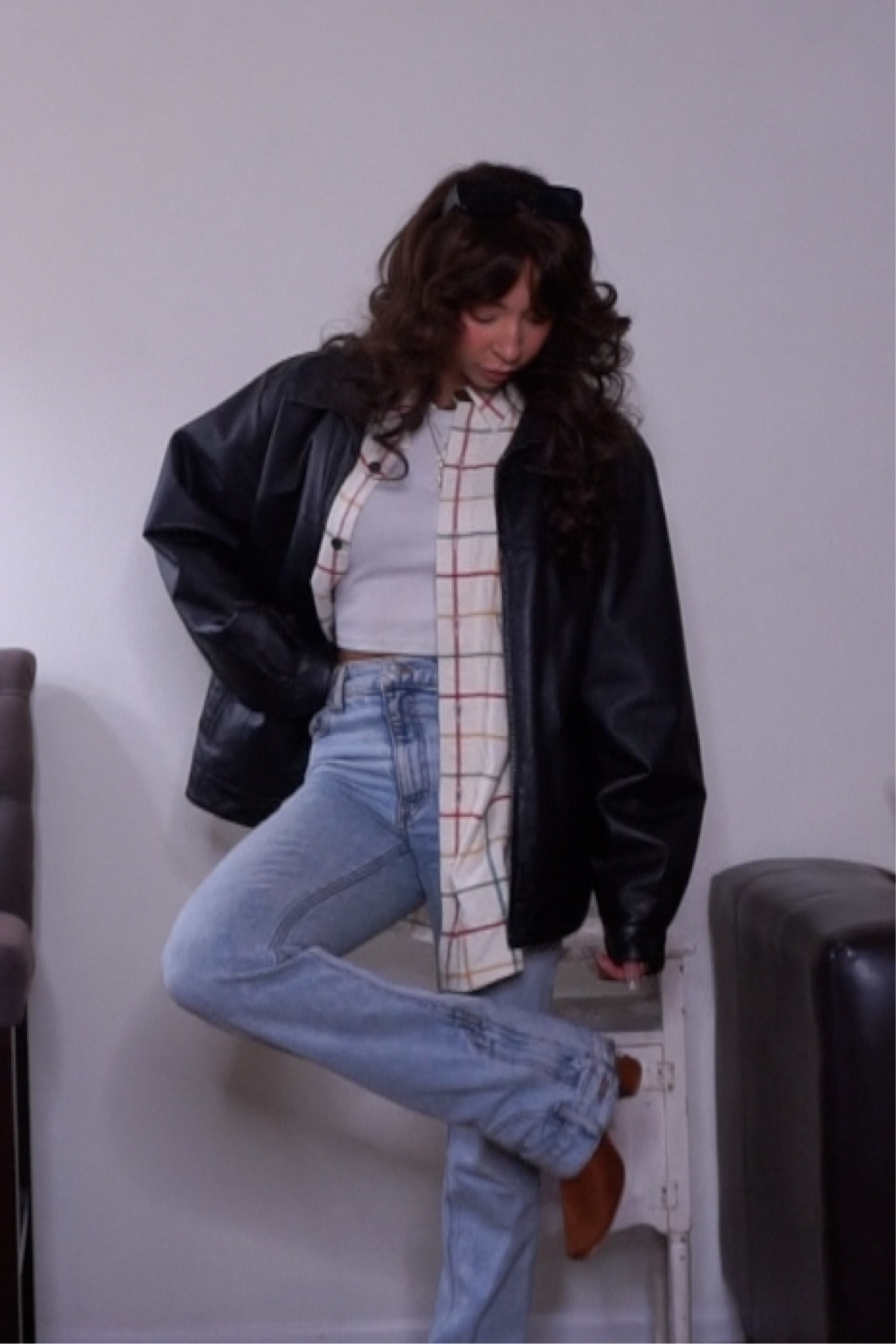 leather jacket & flannel fall outfit idea 🍂☁️ 