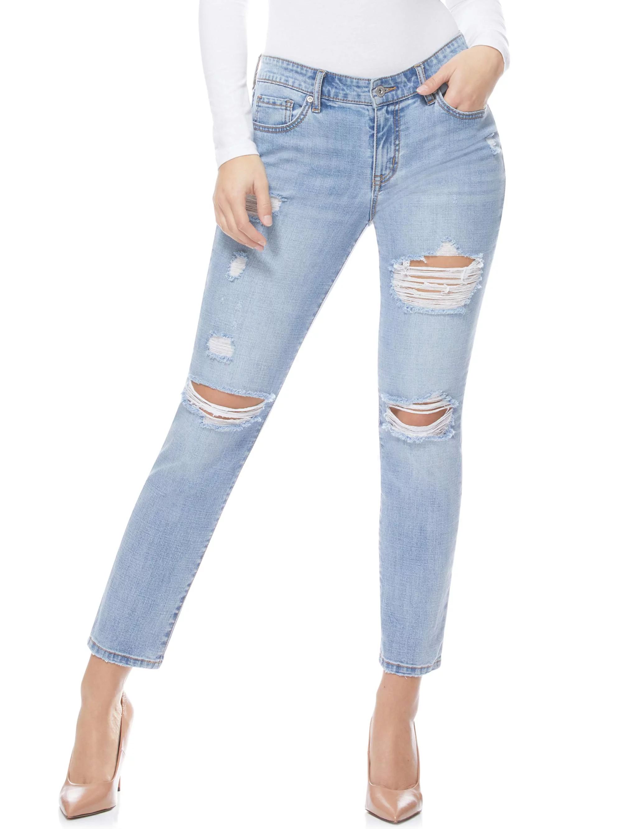 Sofia Jeans by Sofia Vergara Bagi Boyfriend Destructed Mid Rise Jeans with Roll Cuff, Women's | Walmart (US)