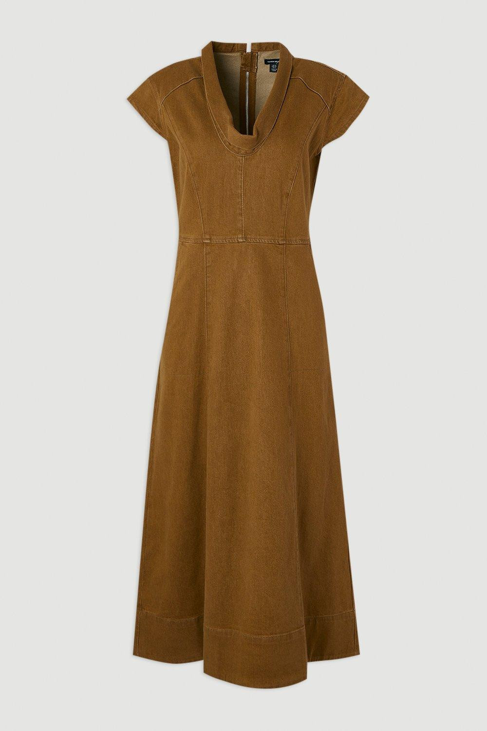 Denim Cowl Neck Midi Dress | Karen Millen US