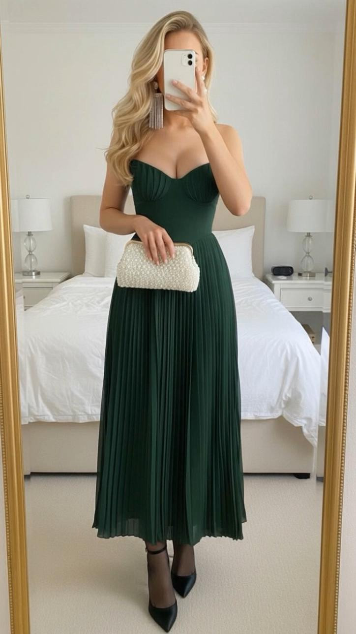 Last-minute holiday glam this gorgeous green dress fit and flare pleated details are beautiful for a holiday look, NYE look, winter wedding dress-you can compare this with a fur coat, some black tights and the high heel shoes or even boots and it’s super chilly and then Miss Pearl detailed bag is so cute. This is a great fashion statement for sure.

#LTKgrwm #LTKmorningroutine #LTKHoliday