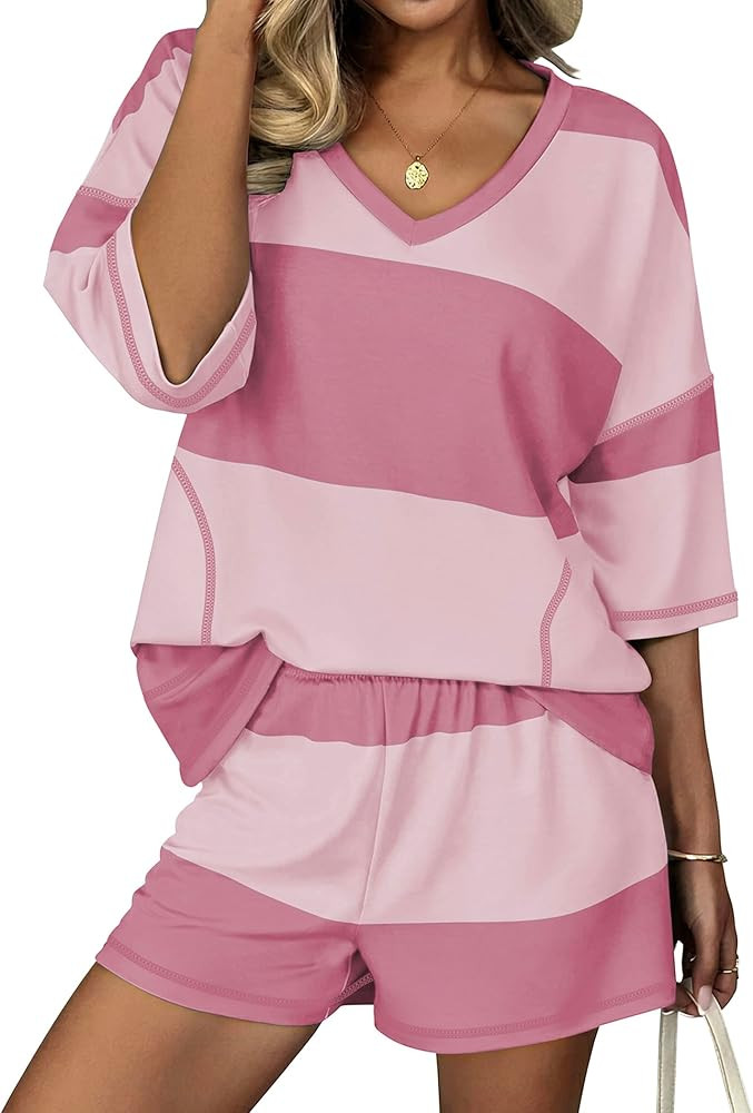 Ekouaer Two Piece Sets for Women Summer Lounge Sets 2026 Striped Shirts and Shorts Set Oversized ... | Amazon (US)