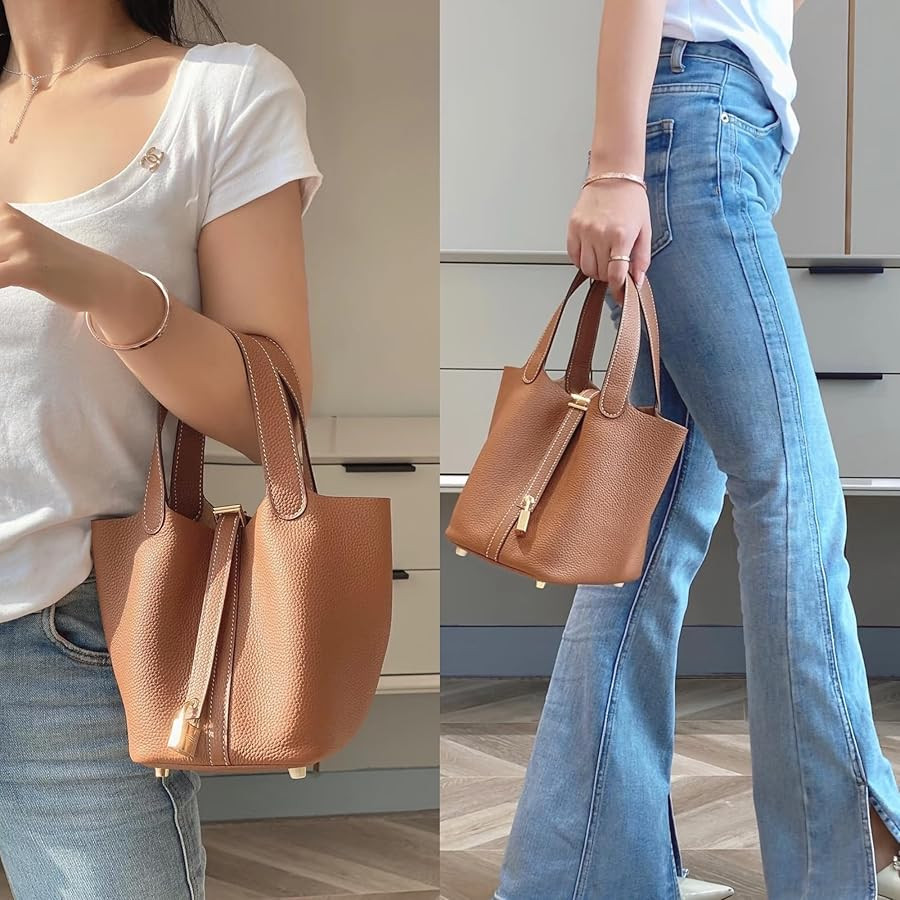 Small Genuine Leather Bucket Bag with Lock Clasp Stylish Tote For Women | Amazon (US)