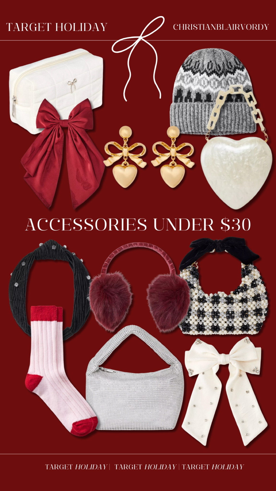 Accessories for the holiday; under $30

#christianblairvordy

#accessories #bag #bow #holiday #target #under30 

#LTKFindsUnder50 #LTKSeasonal #LTKHoliday
