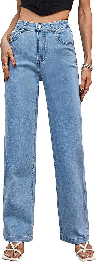 Tsher Women’s High Waisted Jeans Stretchy Straight Leg Loose Fit Denim Pants Lightweight Tummy ... | Amazon (US)