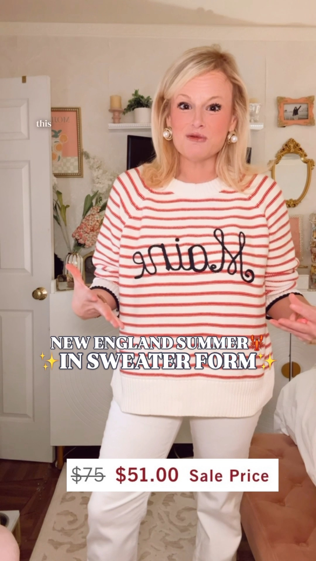 Abercrombie Maine sweater | Rowing Blazers look for less | Breton stripe sweater women | New England summer sweater | coastal grandmother sweater | preppy stripe sweater | location embroidered sweater | east coast summer outfit @abercrombie 

She has a favorite beach town and she goes back every single summer. This is the sweater she wears there.

100% cotton. Fine red and cream Breton stripe. Navy script Maine embroidery at the chest. Ribbed crewneck. Ribbed cuffs with navy contrast trim. Real structure. Real weight.

This is on double deal today.

These are giving:
✔️ 100% cotton chunky knit
✔️ Fine red and cream Breton stripe
✔️ Navy Maine script embroidery
✔️ Ribbed crewneck and contrast cuffs
✔️ Relaxed easy fit. Machine washable.

The lobster dinner on the dock. The sunset boat ride. The harbor walk when the temperature drops just enough to reach for a sweater and you want it to say exactly who you are.

If you have been searching for:
Rowing Blazers look for less
Maine sweater women
Breton stripe sweater women
New England summer sweater
east coast summer outfit
coastal grandmother sweater
preppy stripe sweater
Abercrombie sweater sale
This is the one.

Rowing Blazers look for less, Rowing Blazers dupe, Rowing Blazers Maine sweater dupe, J.Crew stripe sweater dupe, Vineyard Vines look for less, Abercrombie sweater, Maine sweater women, location embroidered sweater, Breton stripe sweater women, stripe sweater women, cotton sweater women, crewneck sweater women, New England summer outfit, east coast summer outfit, coastal grandmother sweater, coastal style women, nautical sweater women, preppy sweater women, preppy style, spring sweater women, summer sweater women, boat outfit women, resort outfit women, affordable preppy style, designer look for less, Abercrombie sale
#LTKFindsUnder100 #PreppyStyle #NewEnglandStyle #CoastalGrandmother #RowingBlazers #BretonStripe #Abercrombie #LookForLess #NewEnglandSummer #FlagSweater 

#LTKSeasonal #LTKTravel #LTKSaleAlert