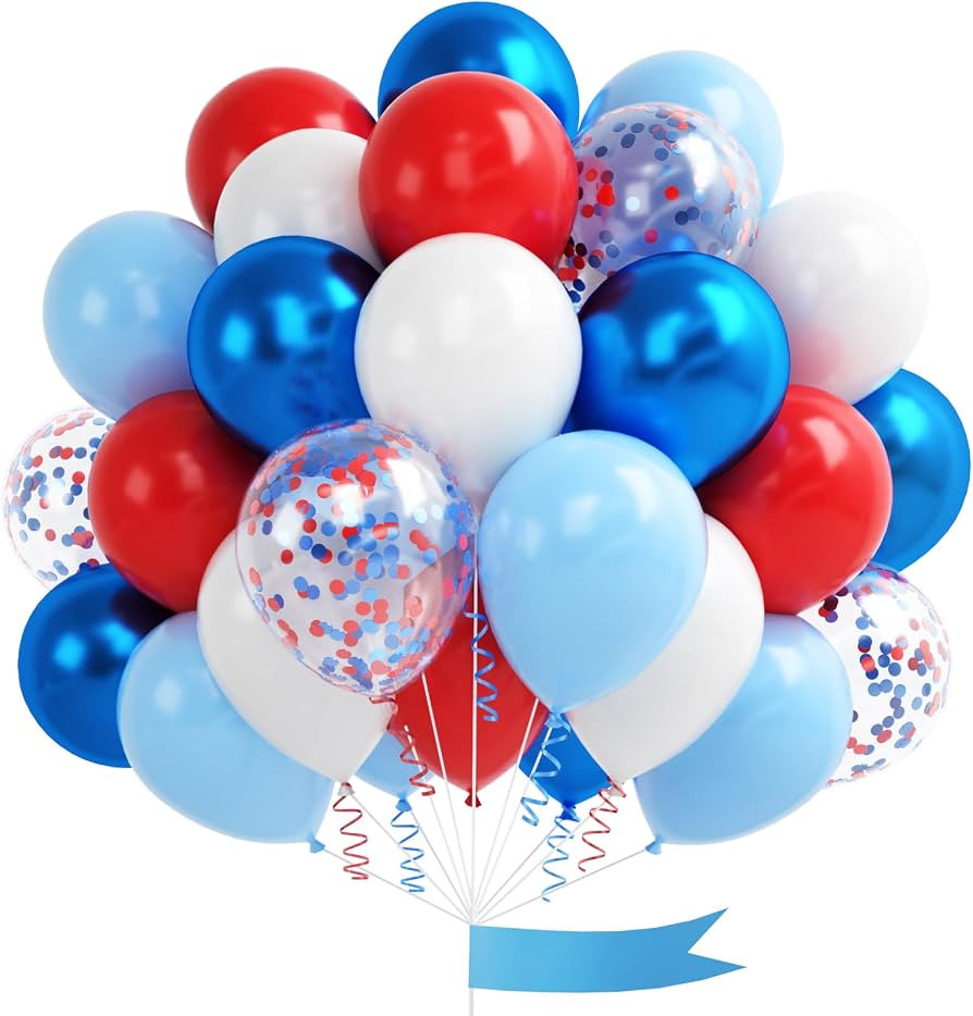 Red Blue White Balloons, 60 Pcs 12 Inches Red White Blue Balloon Set, Blue and Red Party Balloons... | Amazon (US)