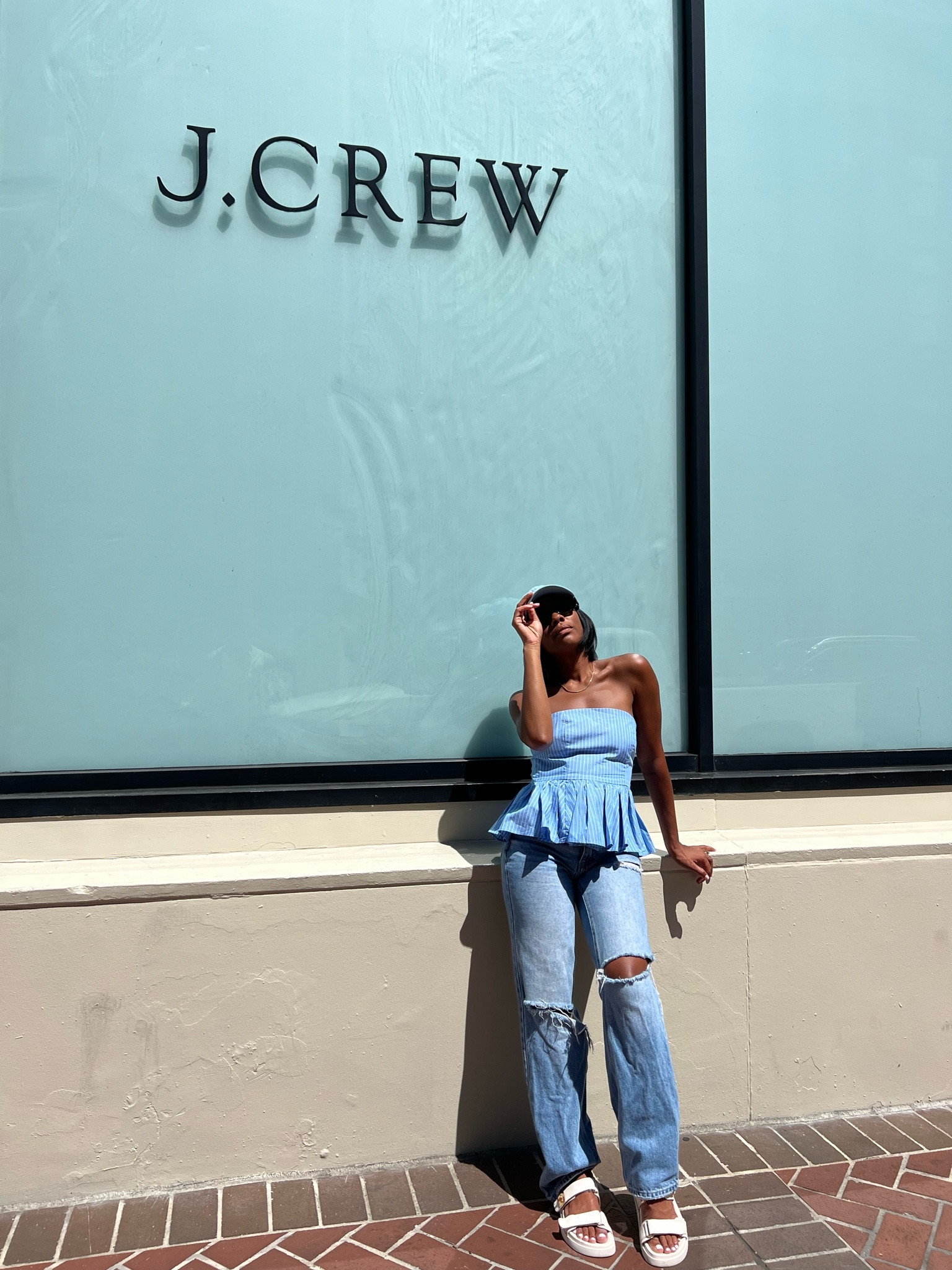 Stripe peplum top, ripped jeans, Steve Madden dad sandals (great dior dupe)

#LTKFind #LTKstyletip #LTKshoecrush