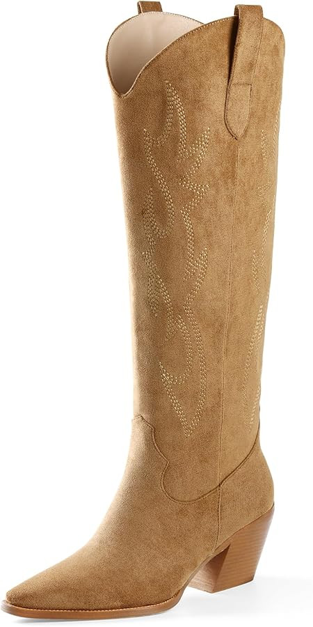 iiimmu Cowgirl Boots Women Knee High Boots Pointed Toe and Block Heel Cowboy Suede Boots with Emb... | Amazon (US)