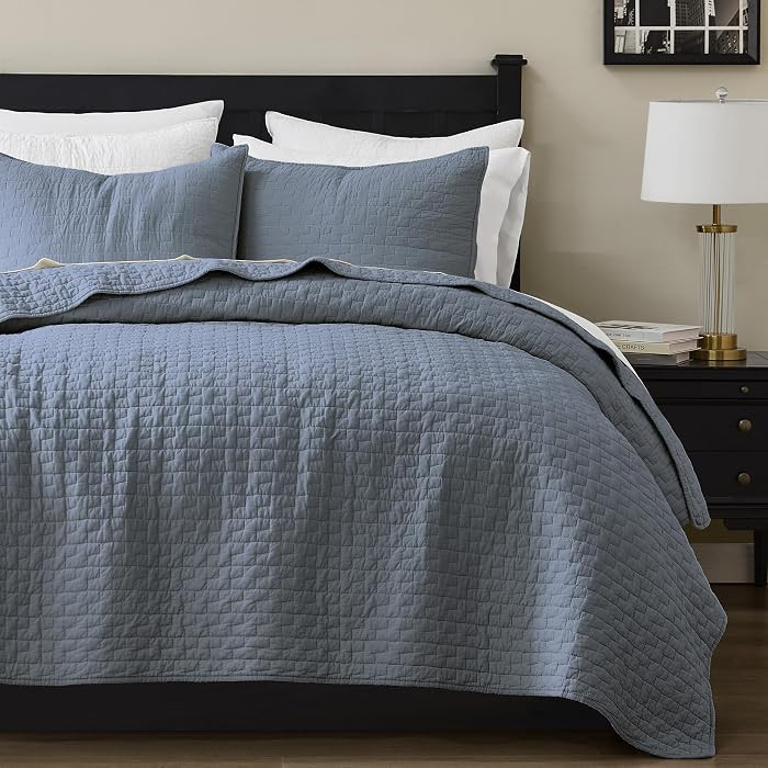 Blue Grey 100% Cotton Quilt King Size Bedding Sets with 2 Pillow Shams, Textured Lightweight Soft... | Amazon (US)