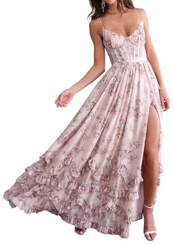 Spaghetti Straps Floral Prom Dresses for Women with Slit Chiffon Tiered Long Formal Evening Dress Dusty Rose Size 12 | Amazon (US)