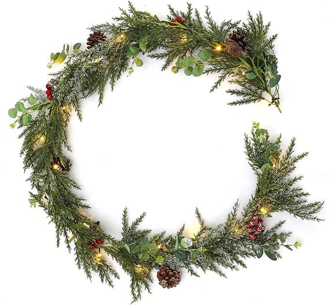 Pacstow 6.25 FT Christmas Garland with Lights, Artificial Mixed with Glitter Powder Greenery Pine... | Amazon (US)