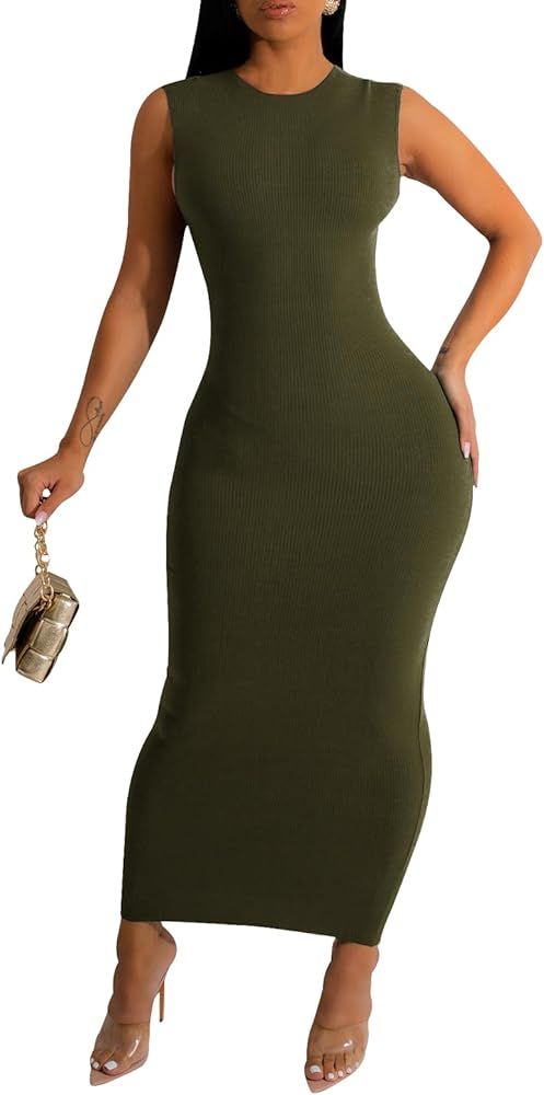 Women's Basic Round Neck Sleeveless Ribbed Bodycon Maxi Dress Casual Summer Tank Top Long Dresses | Amazon (US)
