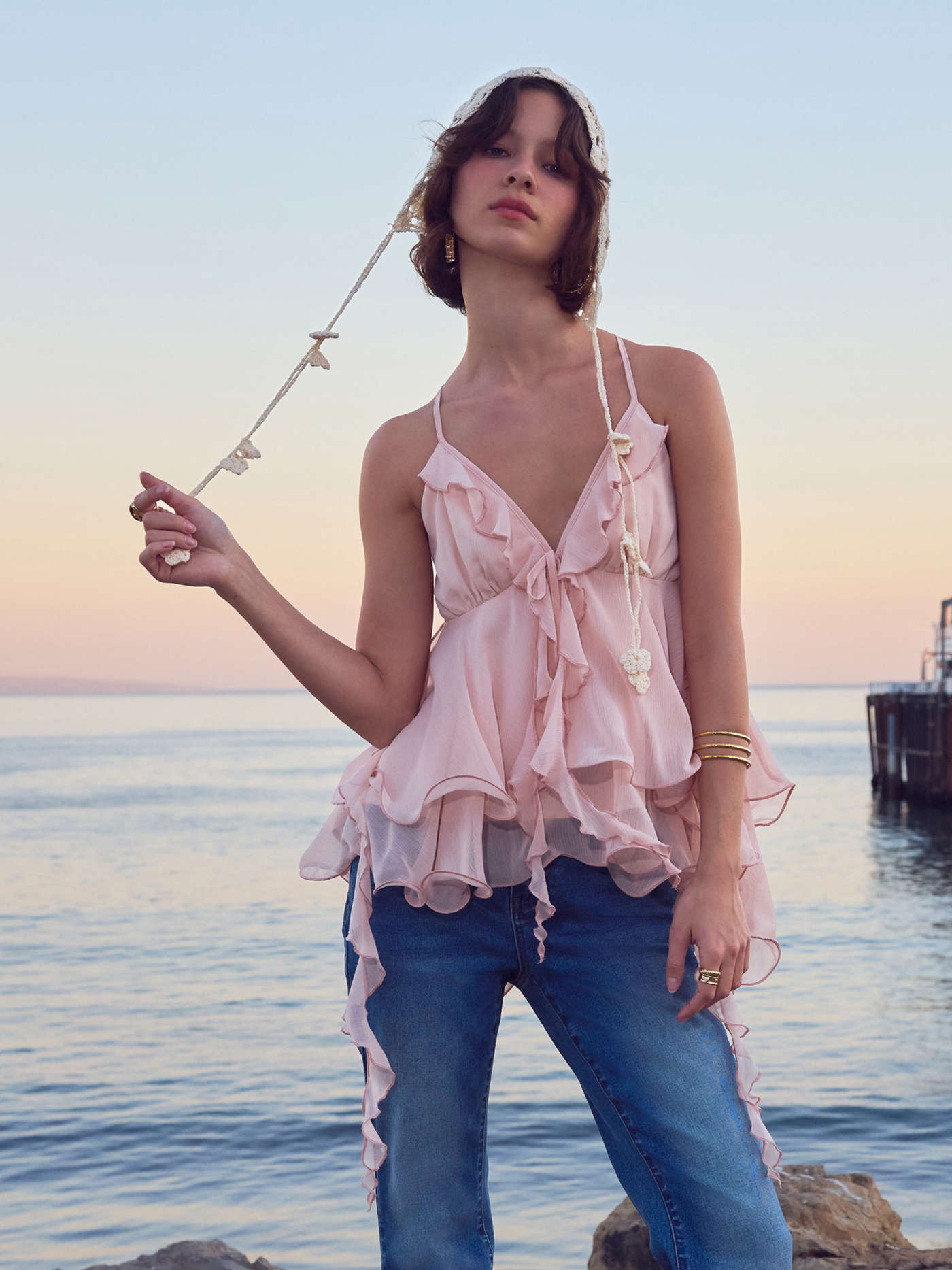 Chiffon Chiffon V-neck Ruffle Hem Layered Blouse For Date Party/Clubbing | Cider