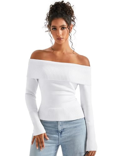 SUUKSESS Women Off Shoulder Sweater Long Sleeve Ribbed Knit Pullover Sweater Tops Going Out Fall Shirt (Snow White, M) | Amazon (US)