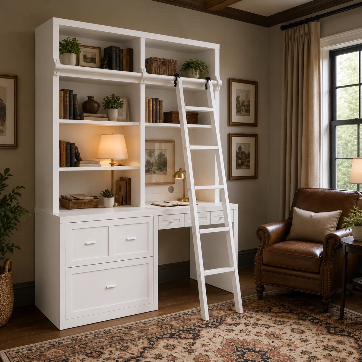 Inspired by elegant home libraries, the Pierce White Desk Bookcase with Solid Wood Ladder combines an expansive workspace with soaring bookshelves, a beautiful rolling ladder, and convenient storage drawers. Designed to bring timeless sophistication to your home office, it creates the perfect setting for productivity and creativity. ON SALE and under $1,000.

Ideas:

* luxury home office inspiration
* home library design
* executive office décor
* built-in bookshelf style
* elegant workspace

Keywords:

* Pierce desk bookcase
* white desk bookcase
* bookcase with desk
* library ladder bookcase
* solid wood ladder
* home library furniture
* executive desk bookshelf
* home office bookcase
* office storage furniture
* bookshelf with drawers
* built-in library look
* luxury home office
* study room furniture
* white office furniture
* large bookshelf desk
* designer-inspired furniture
* elegant workspace
* reading room décor
* modular office furniture
* statement home office furniture

#LTKSeasonal #LTKSaleAlert #LTKHome
