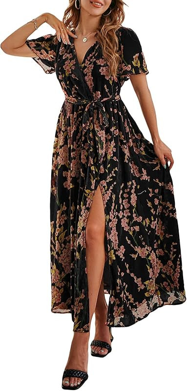 BerryGo Women's Boho V Neck Ruffle Floral Wrap Maxi Dress | Amazon (US)