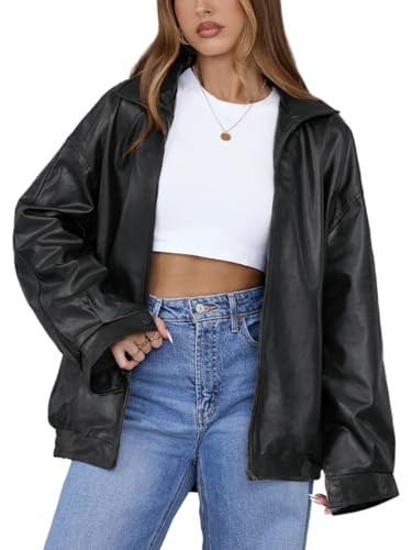 SHELOOKS Womens Leather Jackets Faux Oversized Motorcycle Bomber Coats Fall Outfits Winter Fashion Clothing (Black, Medium) | Amazon (US)
