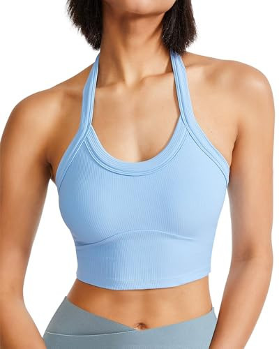QUOJIZY Halter Sports Bra Longline Open Back Workout Top Ribbed Crop Tank Tops with Built in Bra Gym Yoga Push Up Light Blue | Amazon (US)