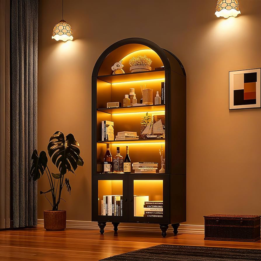 Wooden Arched Display Storage Cabinet with Glass Door, LED Lights,Showcase for Collections, Perfu... | Amazon (US)