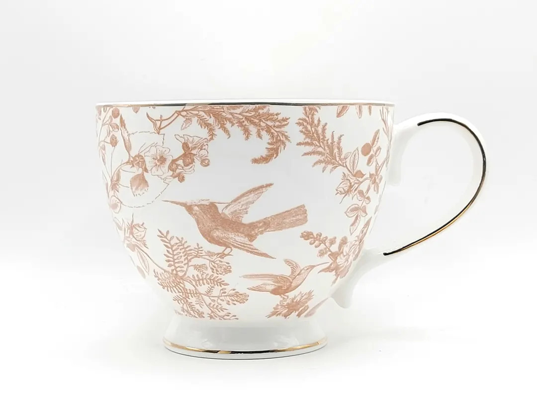 Elegant Garden With Birds Coffee Mug, 13 Oz Fine Porcelain Tea Cup White and Brown, Delicare Flor... | Etsy (US)