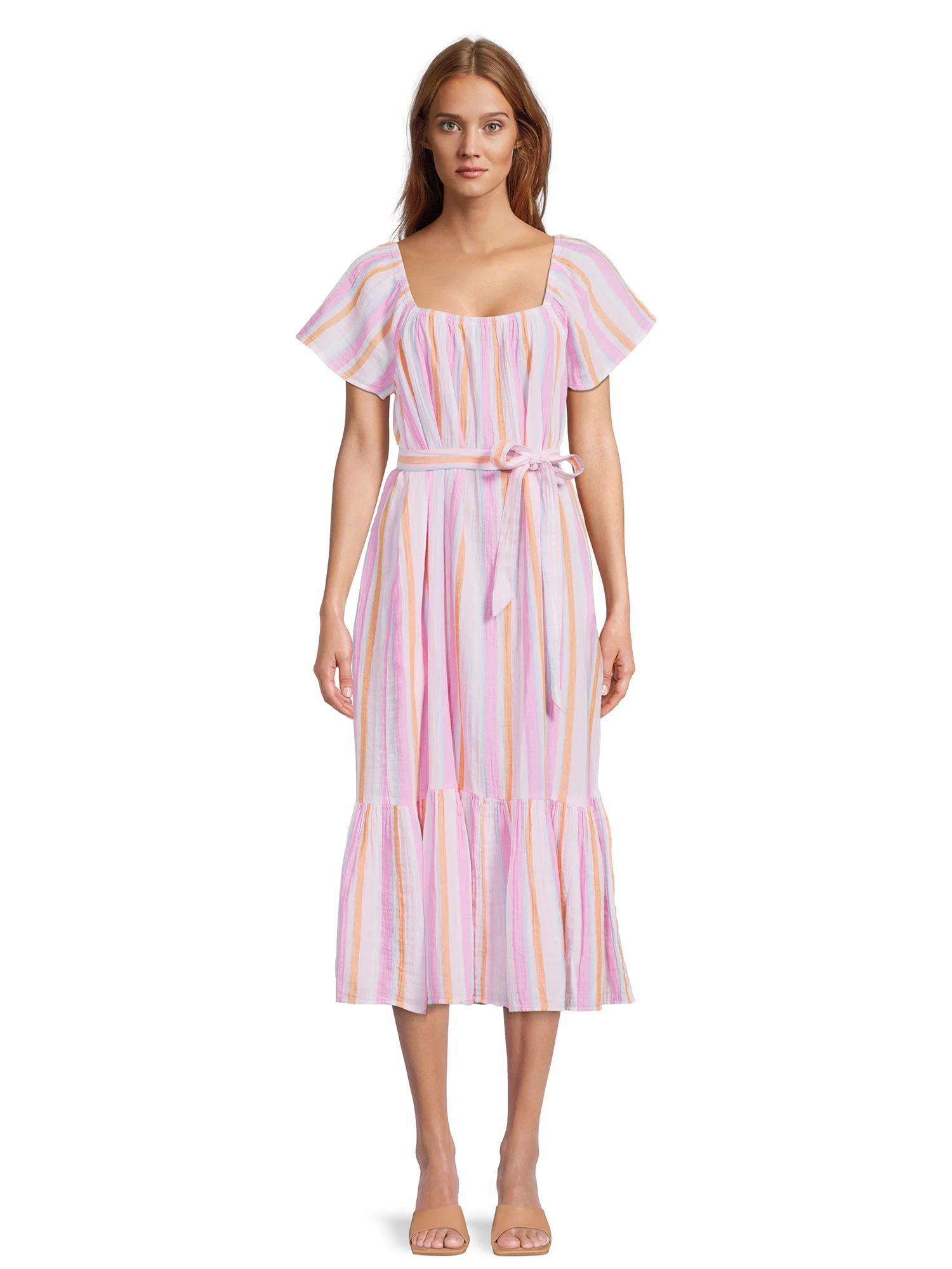 Time and Tru Women's Flutter Sleeve Textured Dress - Walmart.com | Walmart (US)