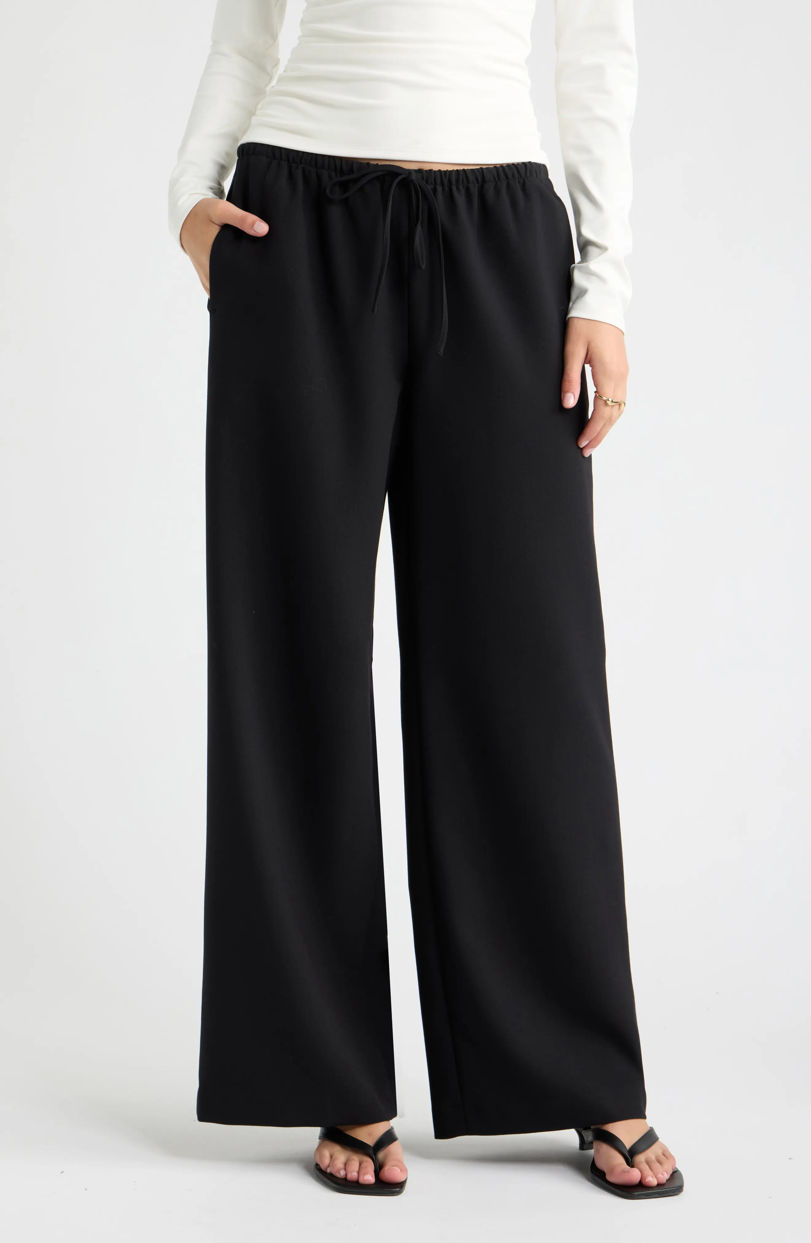 Open Edit Icon Twill Pull-On Wide Leg Pants in Black at Nordstrom, Size Medium | Nordstrom