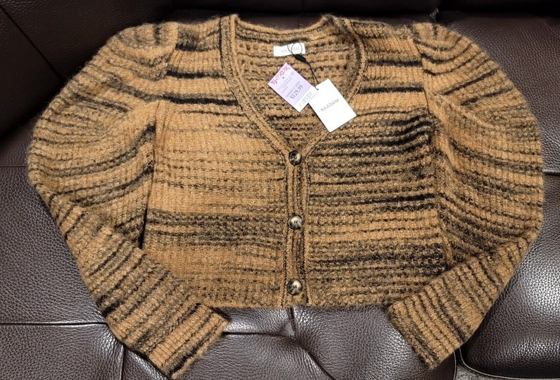 Naadam Space Dyed pleated shoulder cardigan  Brown camel combo size S | eBay US