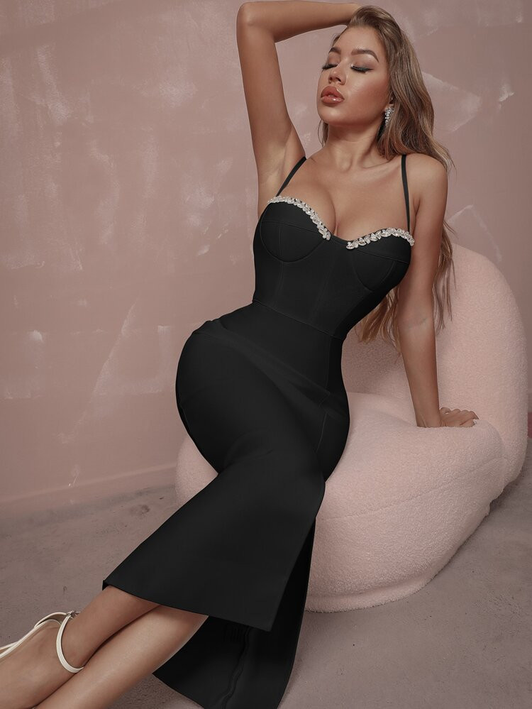 Rhinestone Beaded Backless Split Thigh Cami Bodycon Party Bandage Dress | SHEIN