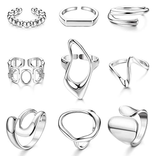 FIBO STEEL 9 Pcs Gold Chunky Rings for Women 18K Gold Plated Ring Set Dome Thick Open Rings Adjus... | Amazon (US)