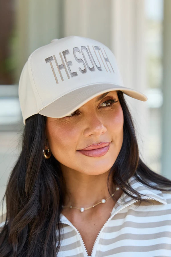 The South Natural/Khaki Embroidered Trucker Hat | Pink Lily