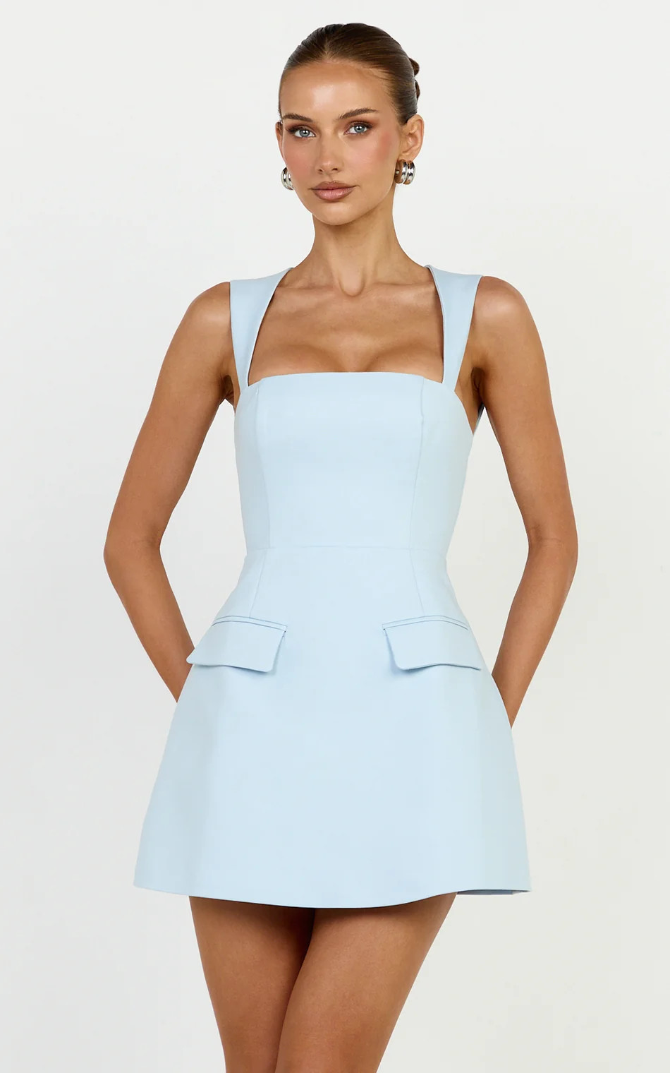 Square Neck Fit And Flare Dress in Light Blue | Showpo (ANZ)