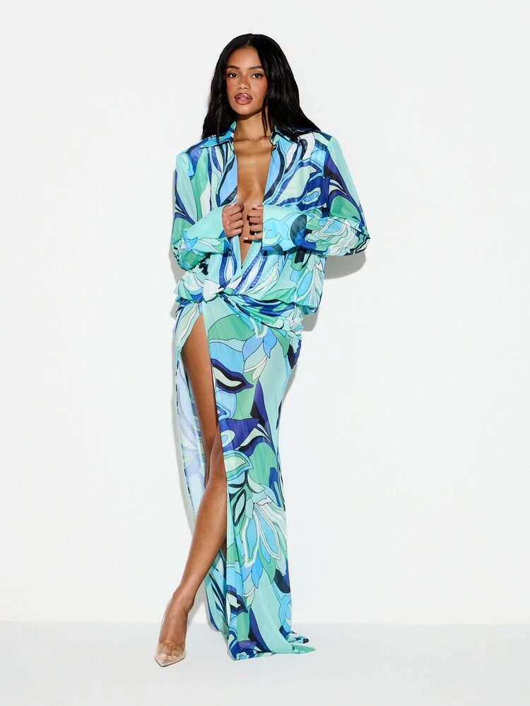 KIZN Women's Flowing Abstract Print Maxi Cover Up Dress With Deep Plunge Neckline And Long Sleeve... | SHEIN