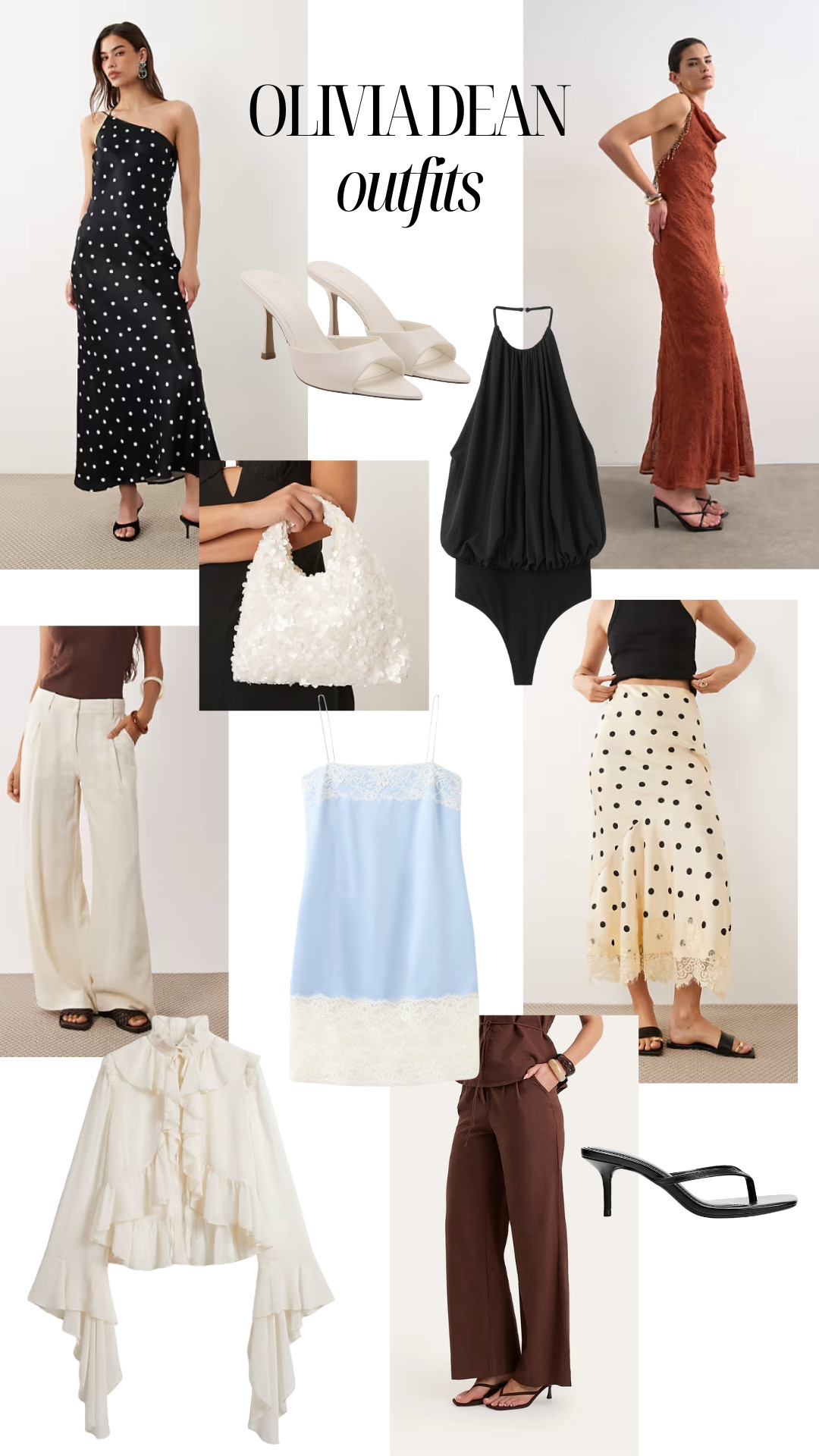Olivia Dean inspired outfits, floaty tops and lace skirts, satin dresses and linen trousers, heeled flip flops and mules and sequin bags 

 

#LTKspring #LTKpartywear #LTKdresses