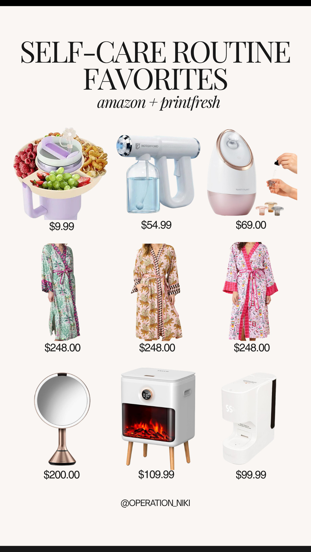 Elevate your self-care and evening routines with these Amazon & Printfresh favorites. 🧖‍♀️ These staples are essential for creating a relaxing, restorative space to unwind. Upgrade your relaxation time with a facial steamer, a sleek vanity mirror, and beautiful patterned robes perfect for lounging. ✨ Complete the vibe with an aesthetic tabletop fireplace heater and a clever tumbler snack tray for ultimate comfort. 🍇 These functional finds make daily wellness a breeze while fitting seamlessly into a modern home setup. ✨ Follow for more @OPERATION_NIKI on IG, TikTok, & Facebook #AmazonFinds #SelfCareRoutine #NightRoutine #OperationNiki #AestheticHome #CozyVibes #AmazonHome #HomeReset #VanityGoals #SkincareEssentials #Loungewear #WellnessJourney

#LTKselfcare #LTKselfcare #LTKHome #LTKBeauty