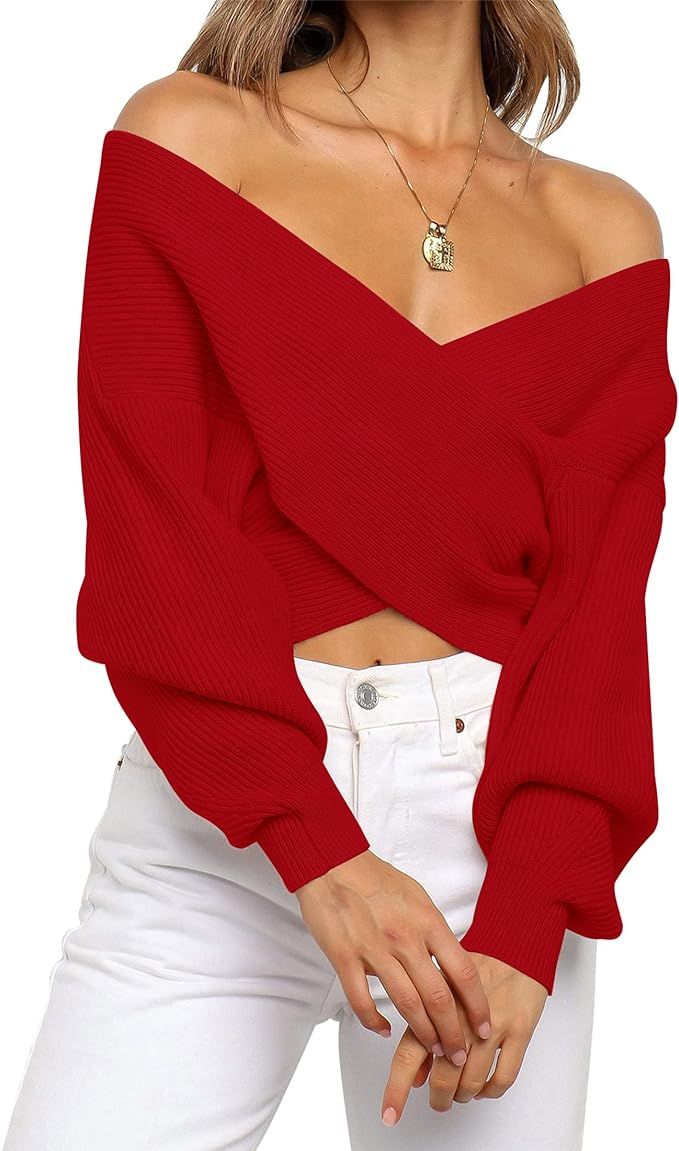 ZCSIA Women's Wrap V Neck Cropped Sweaters 2023 Fall Long Sleeve Cross Front Off Shoulder Solid K... | Amazon (US)