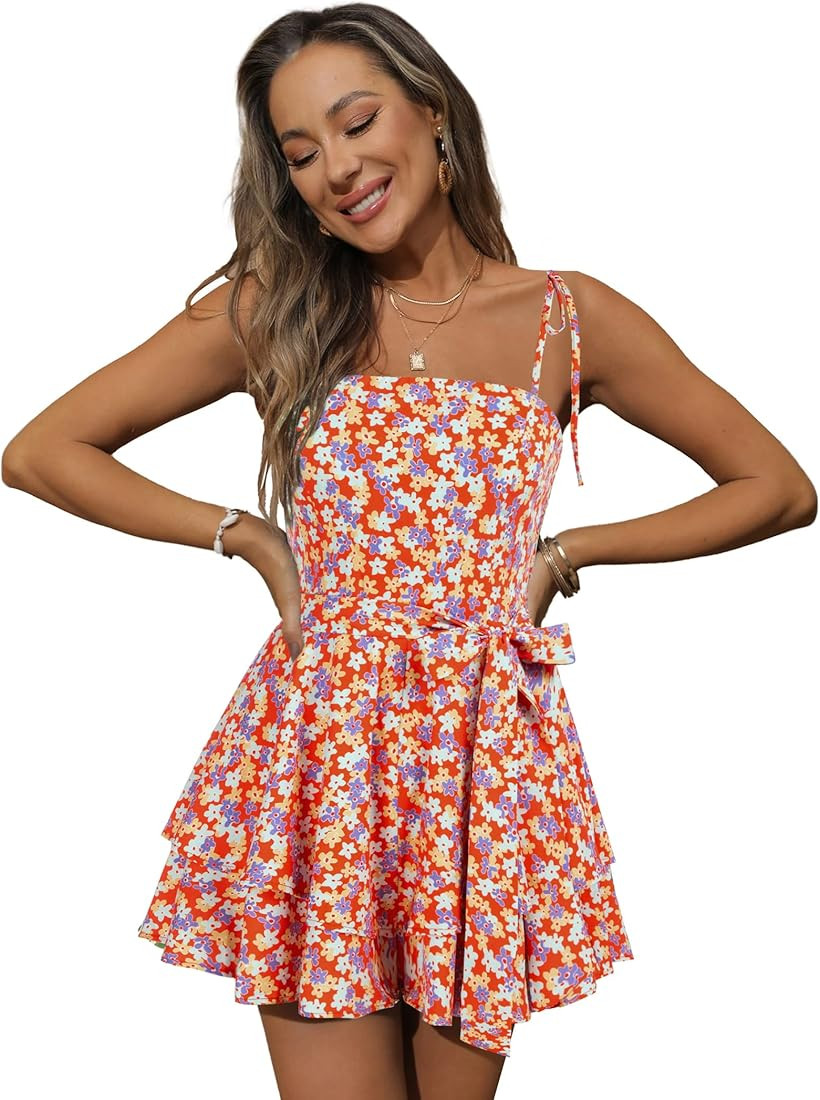 Zexxxy Women's Rompers Spaghetti Straps/Long Sleeve Tiered Ruffle Floral Jumpsuits Vacation Beach... | Amazon (US)