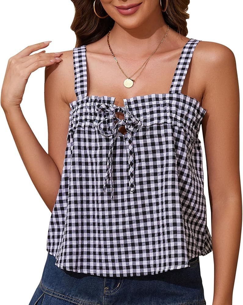 Women Cute Tie Front Plaid Crop Tank Tops Square Neck Sleeveless Gingham Camisole Tops Summer Bac... | Amazon (US)