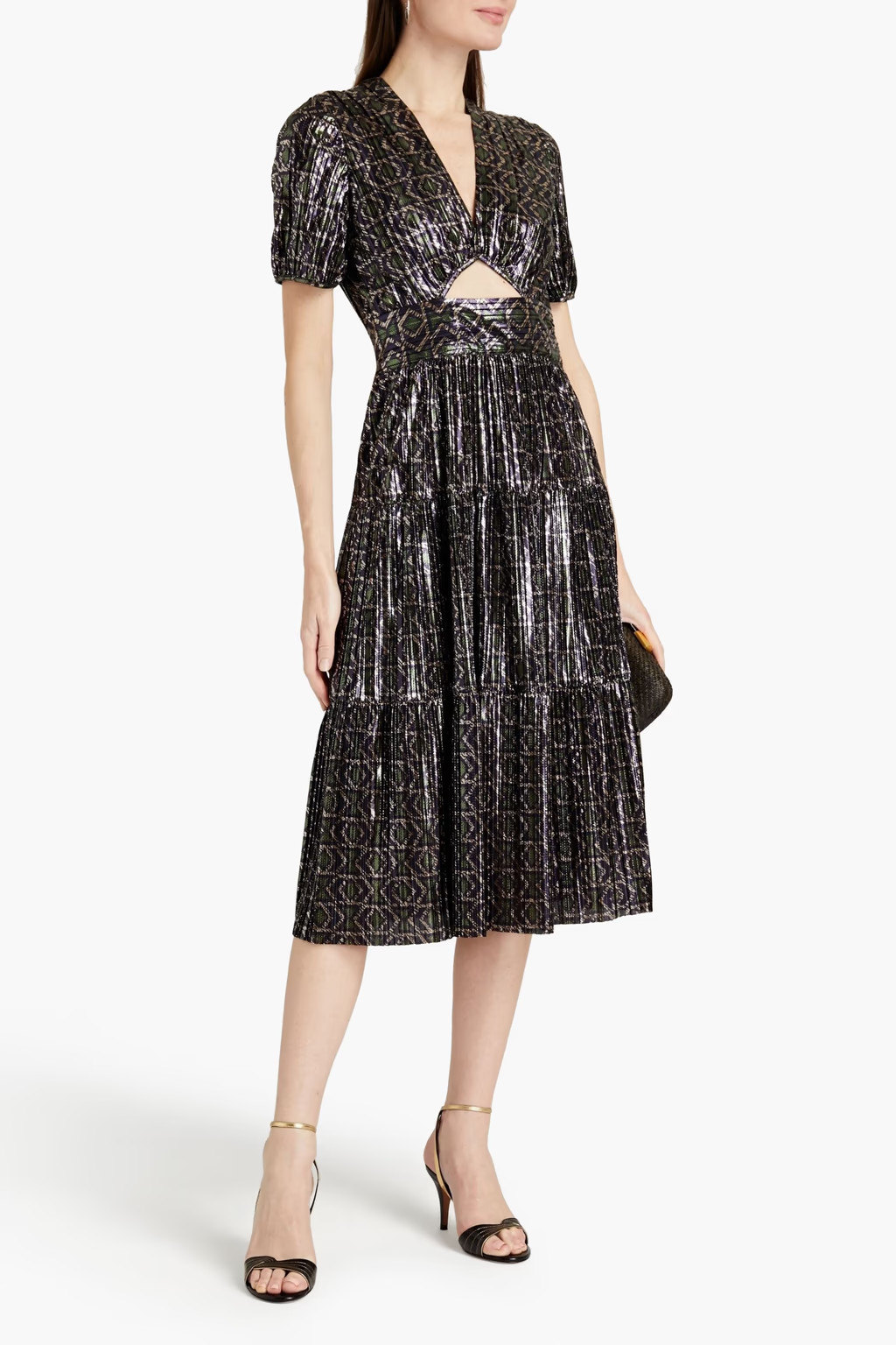 Posy pleated metallic printed satin midi dress | The Outnet (US and CA)