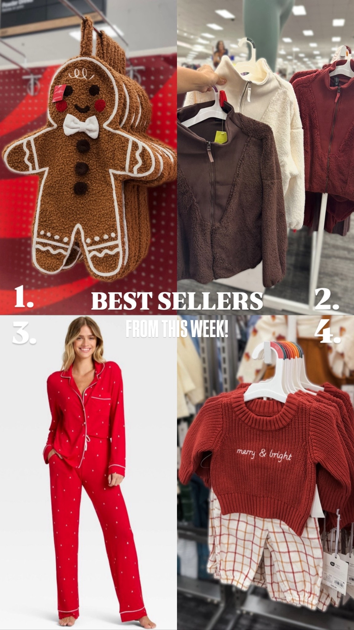 BEST SELLERS from this week!
1. Wondershop - Gingerbread Stocking
2. All in Motion - Women’s High Pile & Ribbed Mix Jacket
3. Auden - Women’s Cloud Knit Notch Collar Pajama Set
4. Cloud Island - Merry & Bright Baby Set

#LTKHoliday #LTKFindsUnder50 #LTKStyleTip