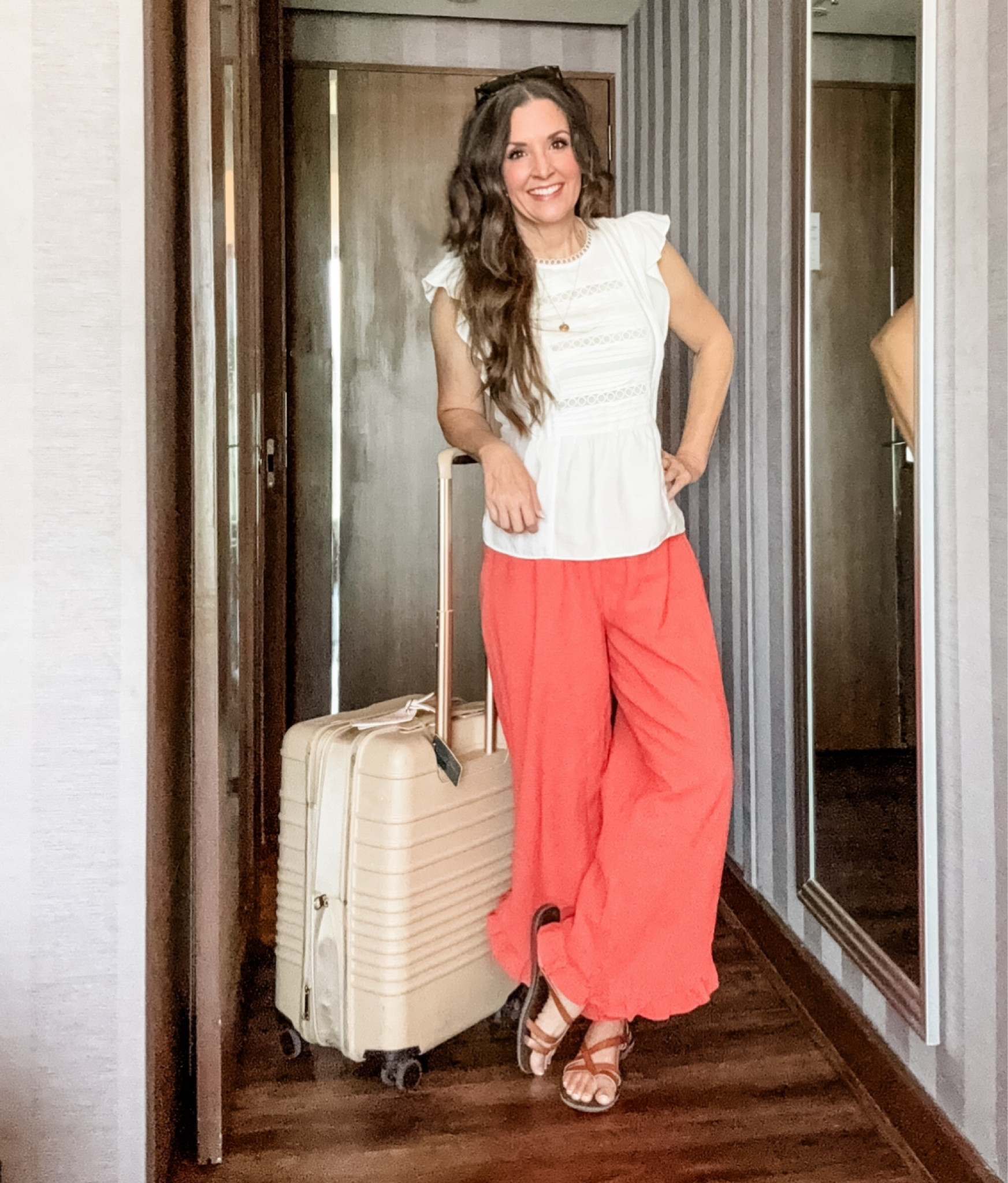 Adorable travel outfit or outfit of the day. Wide leg pants fit true to size and have an elastic waist.  Workwear outfit  

#LTKOver40 #LTKStyleTip #LTKWorkwear