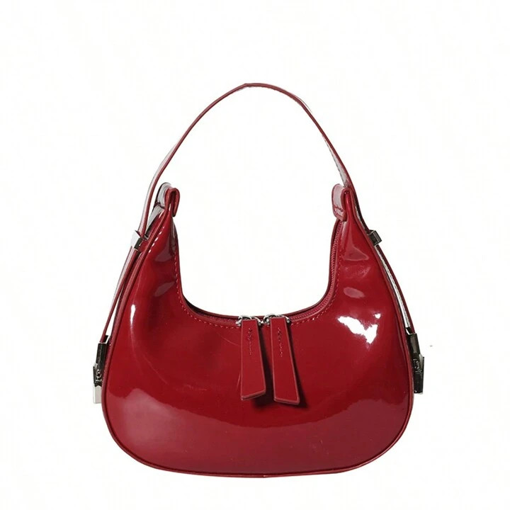 Niche Design Women Crescent Moon Handbag, Metal Buckle Mirror Red Round Underarm Bag | SHEIN