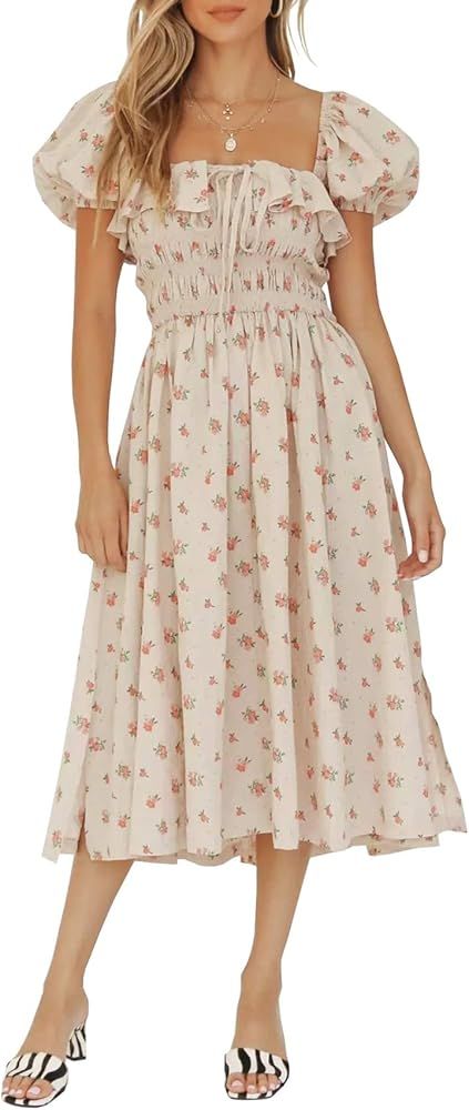 Womens Summer Floral Print Puff Sleeves Vintage Ruffles Midi Dress | Amazon (US)