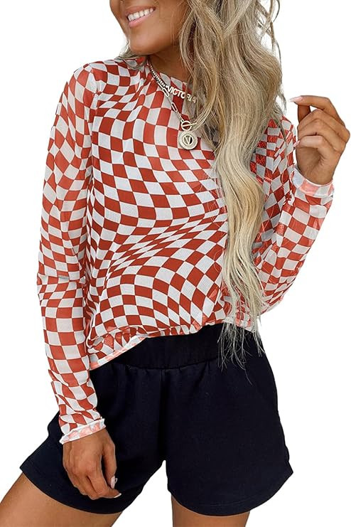 MARZXIN Women's Long Sleeves Sheer Tshirt Mesh Checkered Print Mock Neck Tops | Amazon (US)