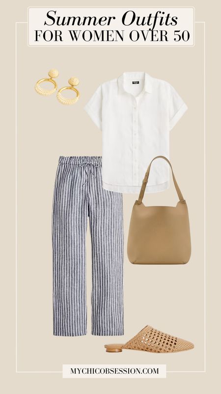 Striped linen pants are having a moment, which makes sense because they’re so easy to style and perfect for warm weather looks. Style them for this simple outfit with a short-sleeved white button-down shirt, a leather tote bag, gold earrings, and mule slides.

#LTKSeasonal #LTKstyletip #LTKover40