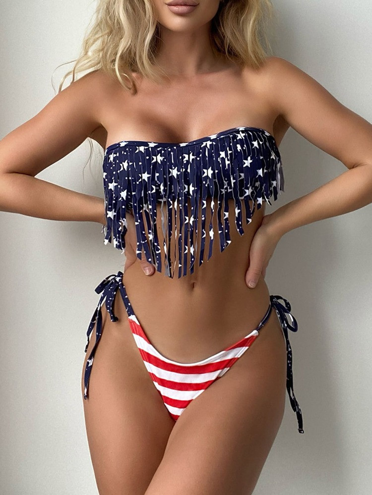 Star & Striped Print Fringe Bandeau Bikini Swimsuit
       
              
              $10.99  ... | SHEIN