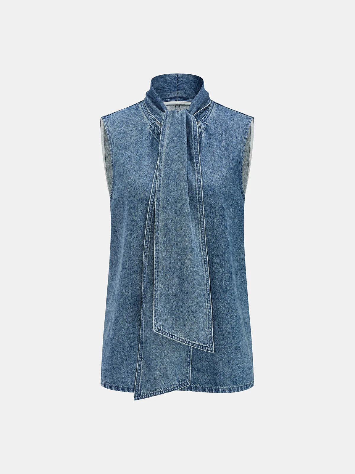 Tie Neck Sleeveless Denim Blouse | Commense