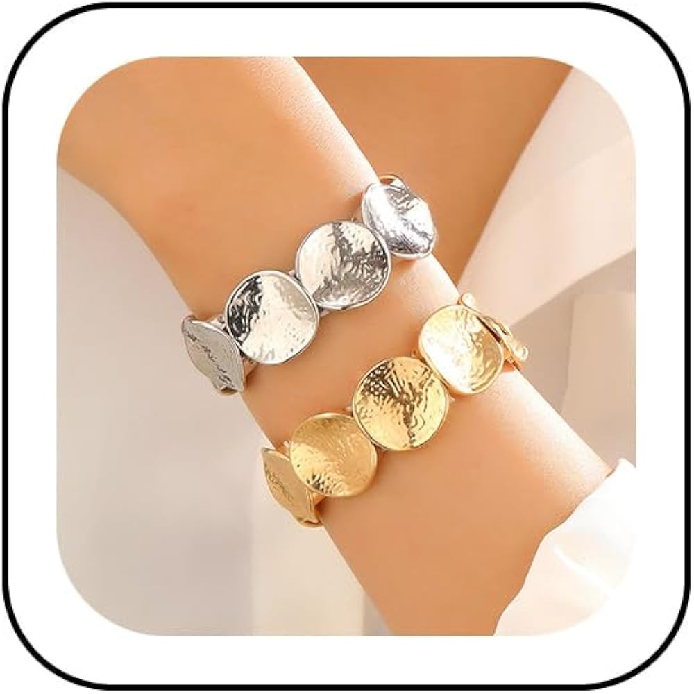 Chunky Gold Bracelet for Women Statement Silver Pleated Round Coins Chain Stretchy Bracelets Vint... | Amazon (US)