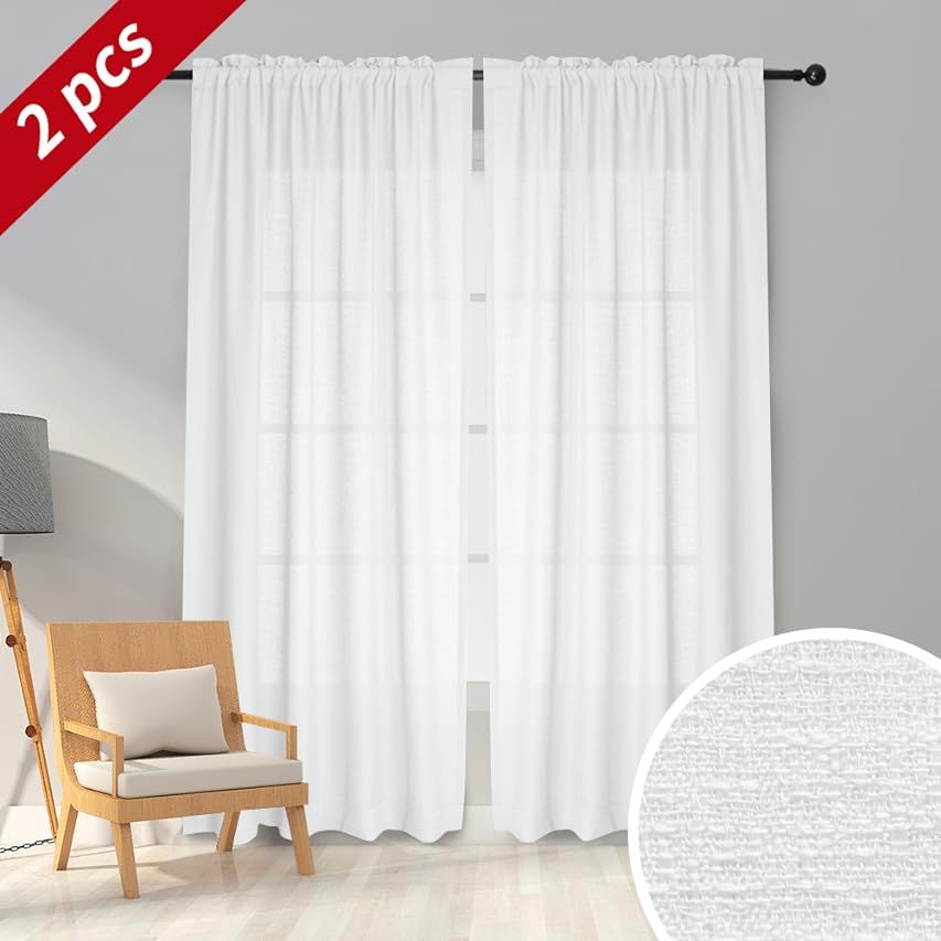 jinchan Casual Weave Textured Semi Sheer Curtains for Living Room White Voile Curtains 84 Inches Lon | Amazon (US)