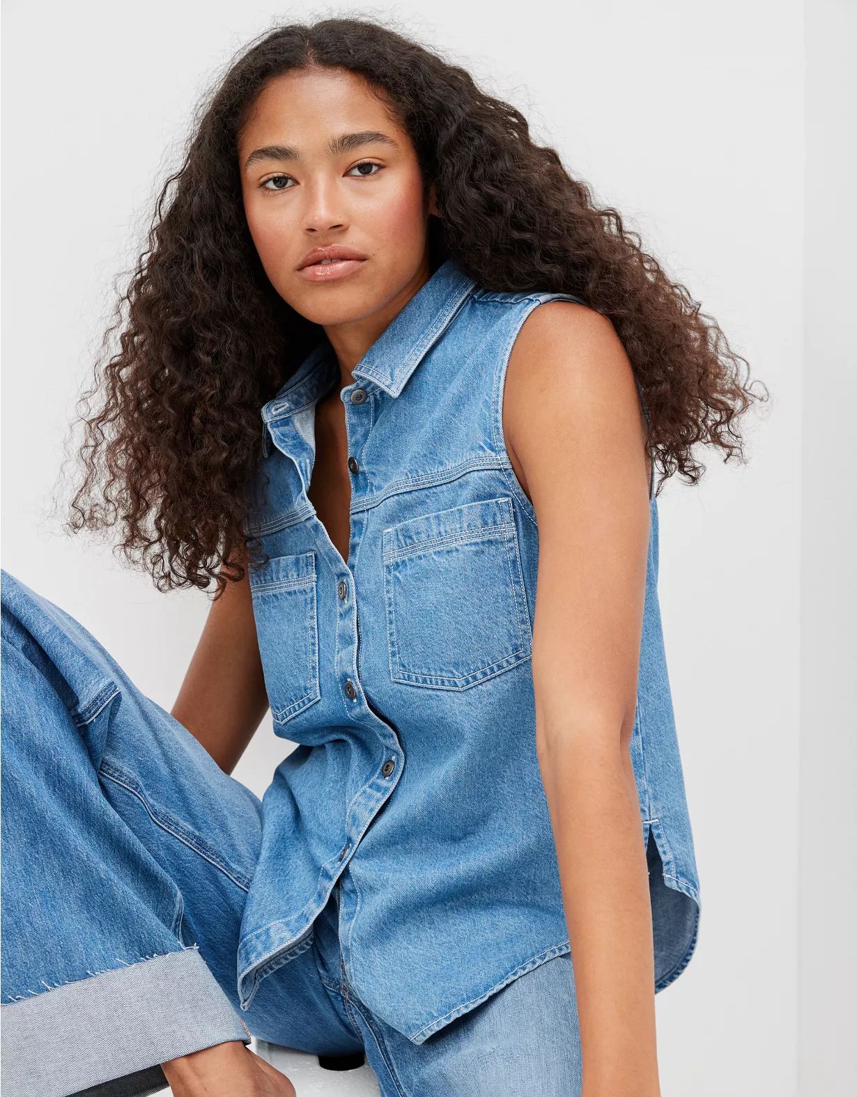 AE Sleeveless Denim Button-Up Vest | American Eagle Outfitters (US & CA)